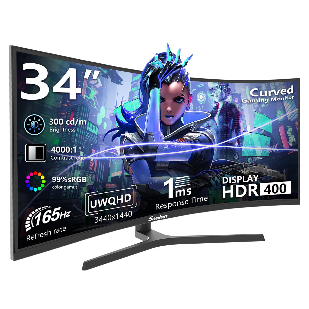 Sealan 34 inch Curved Ultrawide Computer Gaming Monitor 165Hz,UWQHD 3440x1440,1500R -PIP,1ms (MPRT),HDR, 300nits, sRGB99%,FreeSync,HDMI2.0(TMDS) x2,DP1.4 x2,Eye Care,VESA,Support Lifting Base