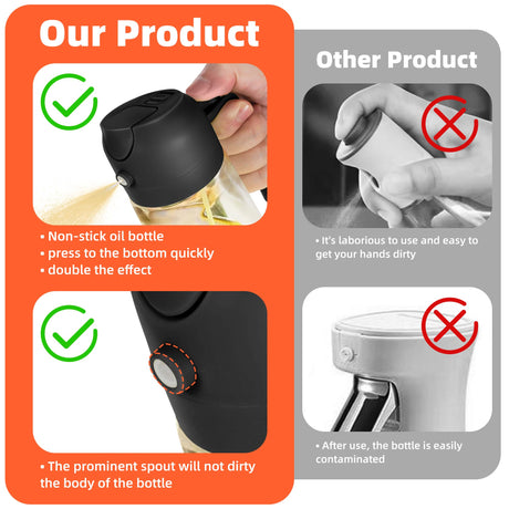 TrendPlain 470ml Olive Oil Spray Bottle for Kitchen Gadgets - 2 in 1 Olive Oil Dispenser Bottle and Air Fryer Accessories for Cooking, Salad and BBQ - Black