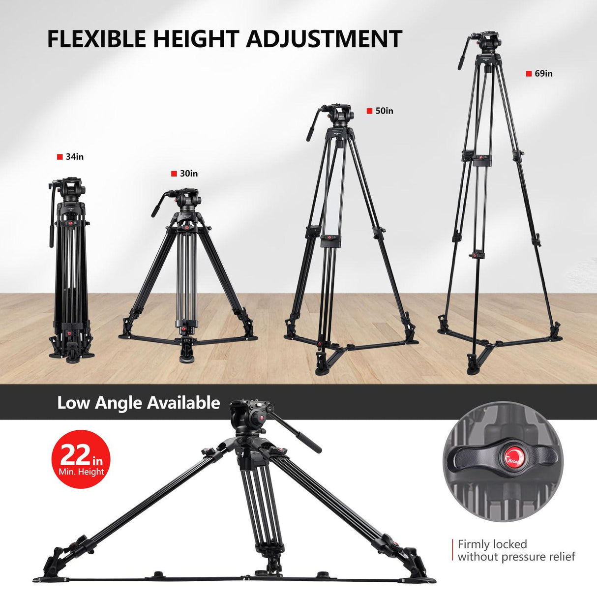 RAUBAY DV-2 Professional Fluid Head Video Tripod System, 69" Heavy Duty Camera Stands with Ground Spreader, Aluminium Twin Leg, QR Plate, Max Load 17lbs for DSLR, Digital Cine Style, Camcorder