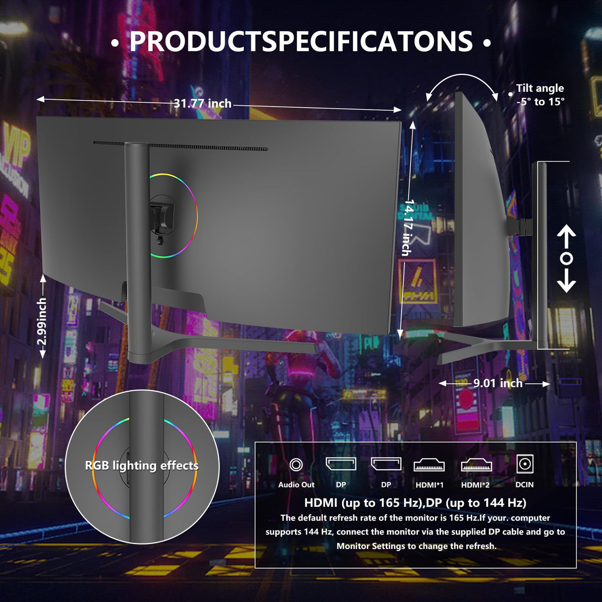 Sealan 34 inch Curved Ultrawide Computer Gaming Monitor 165Hz,UWQHD 3440x1440,1500R -PIP,1ms (MPRT),HDR, 300nits, sRGB99%,FreeSync,HDMI2.0(TMDS) x2,DP1.4 x2,Eye Care,VESA,Support Lifting Base