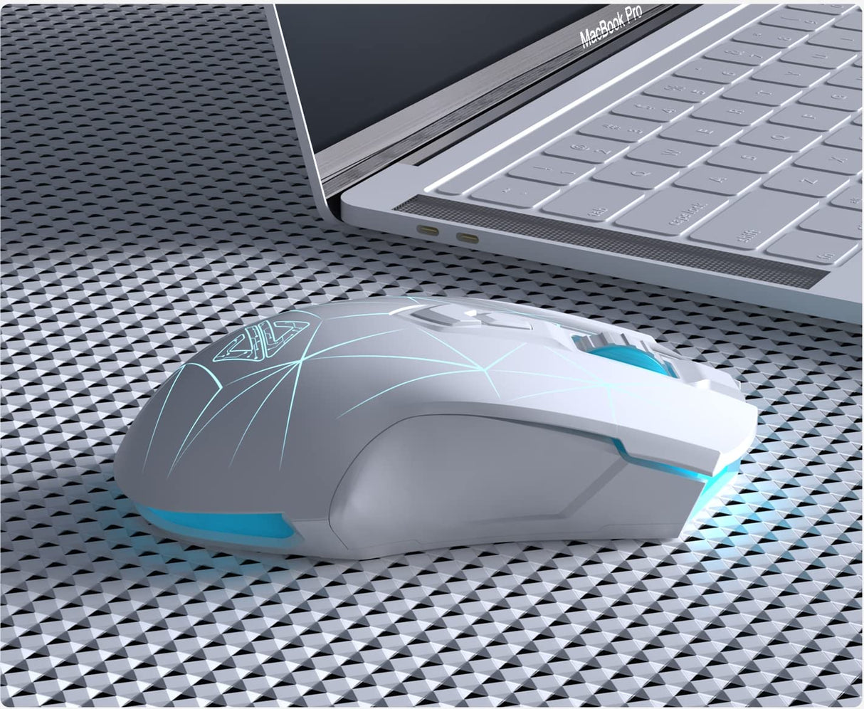 AJ52PRO Watcher 2.4G Wireless/Bluetooth 5.0/ Wired Gaming Mouse, 10000 DPI, Programmable 7 Buttons, Ergonomic LED Backlit USB Gamer Mice Computer Laptop PC, for Windows Mac Linux OS, Star White