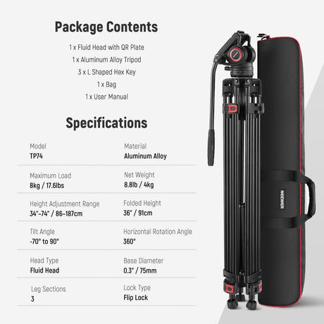 NEEWER 74" Video Tripod with Fluid Head, QR Plate Compatible with DJI RS Gimbals, Aluminum Heavy Duty Camera Tripod Professional for DSLR Cameras Camcorders, Max Load 17.6lb/8kg, TP74