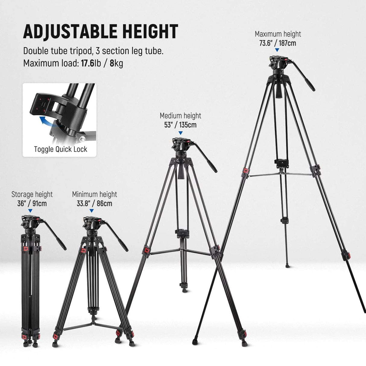 NEEWER 74" Video Tripod with Fluid Head, QR Plate Compatible with DJI RS Gimbals, Aluminum Heavy Duty Camera Tripod Professional for DSLR Cameras Camcorders, Max Load 17.6lb/8kg, TP74