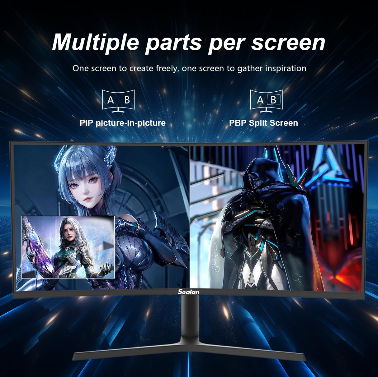 Sealan 34 inch Curved Ultrawide Computer Gaming Monitor 165Hz,UWQHD 3440x1440,1500R -PIP,1ms (MPRT),HDR, 300nits, sRGB99%,FreeSync,HDMI2.0(TMDS) x2,DP1.4 x2,Eye Care,VESA,Support Lifting Base