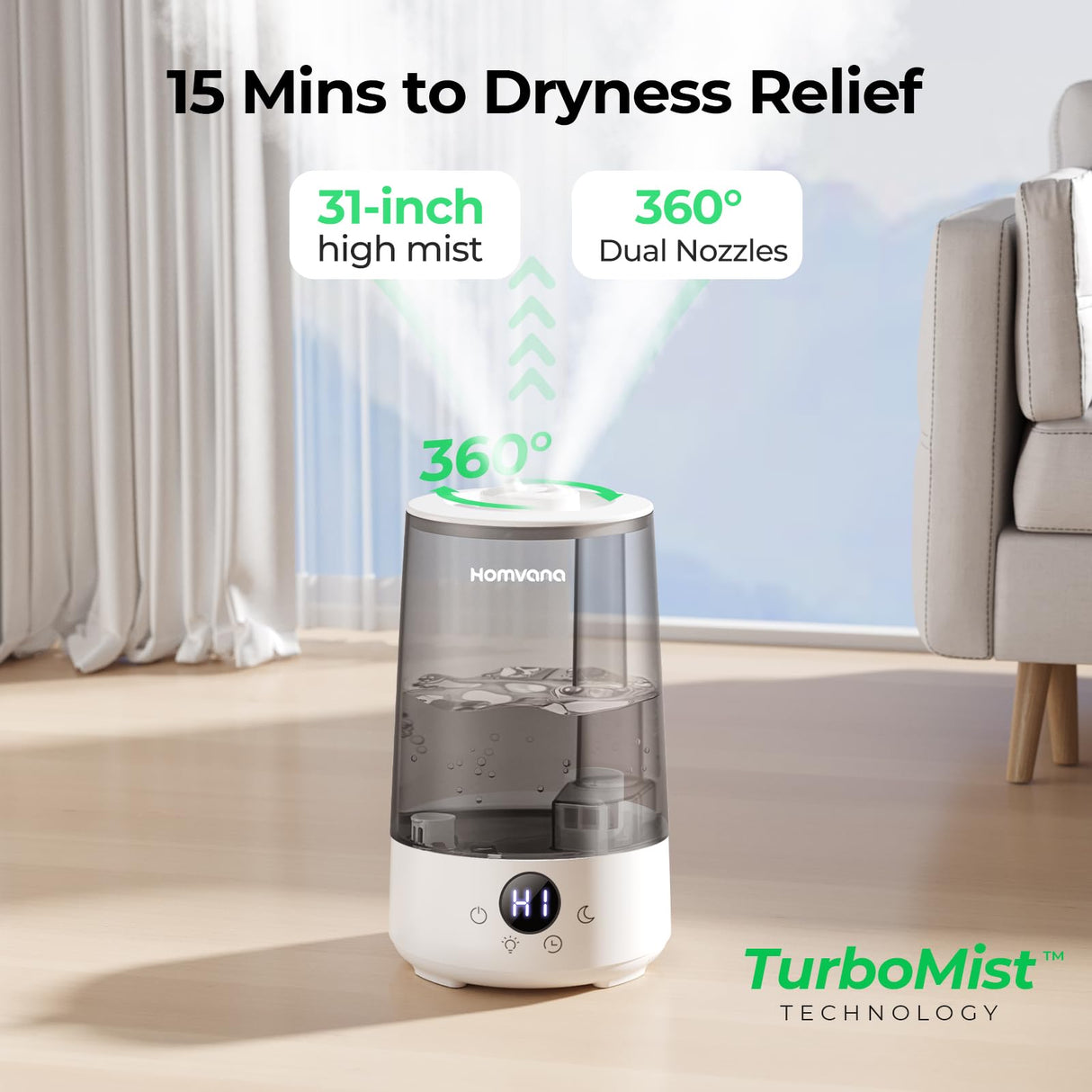 Homvana Humidifiers for Bedroom Home, 3.6L Cool Mist Top-Fill 34H Super Long Time, Quiet 16dB, Baby Humidifier, Oil Diffuser for Large Room, Plants, Nursery, Office BPA FREE, 7 Color Light Ultrasonic