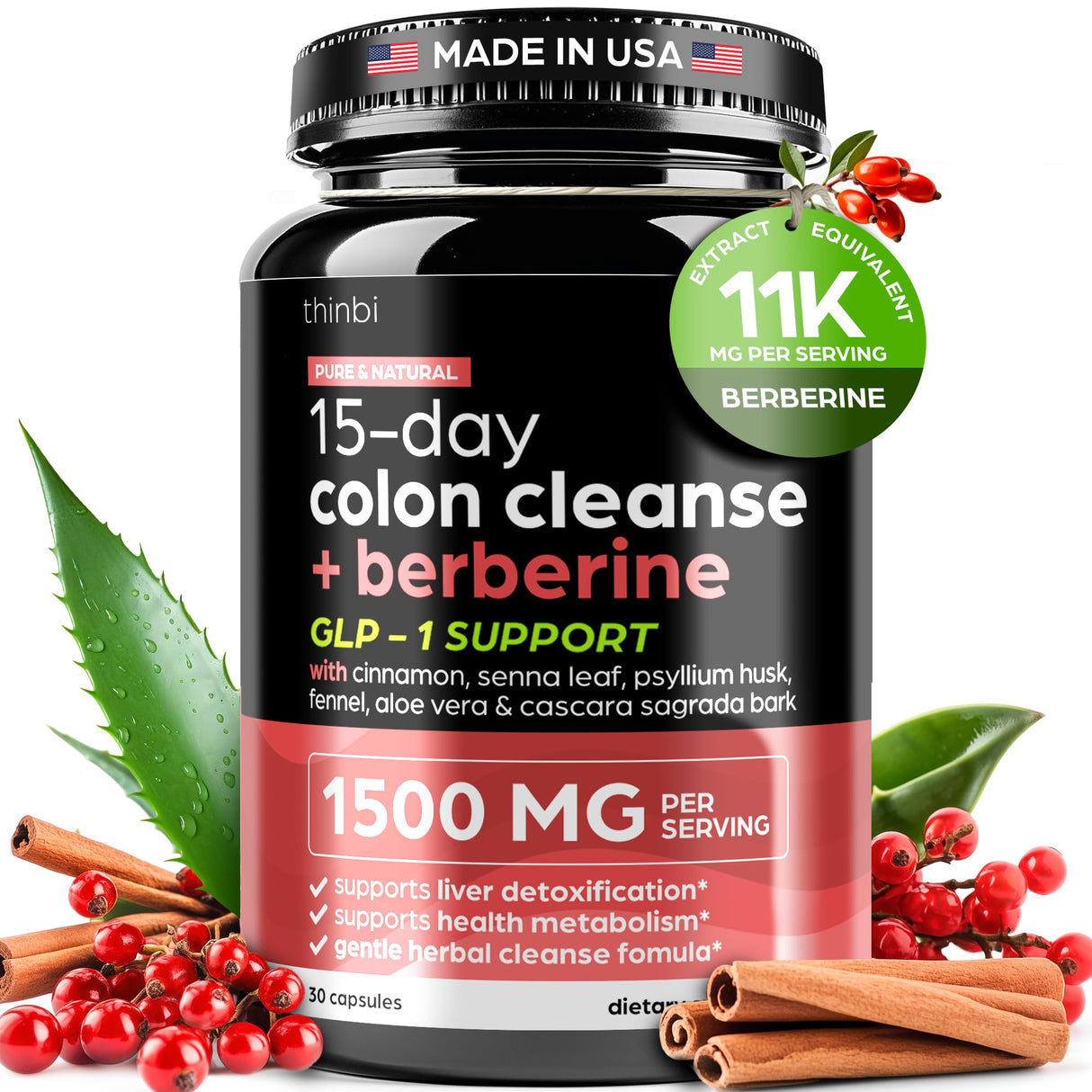 GLP-1 Colon Cleanse Berberine Supplement 1500mg - 15-Day Advanced Detox for Men & Women - Extra Strength w/Senna Leaf, Fast-Acting Natural for Constipation, Gut Health & Bloating Relief - THINBI