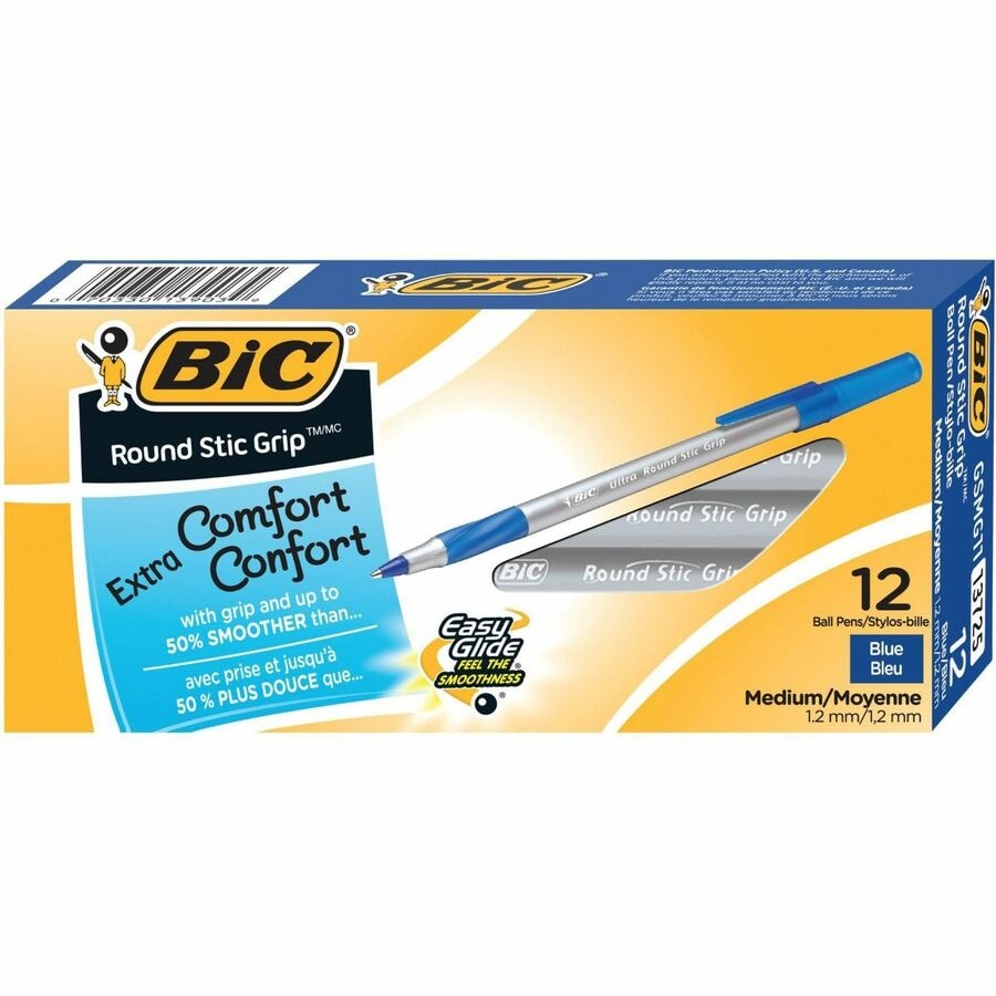 BIC Round Stic Grip Extra Comfort Blue Ballpoint Pens, Medium Point (1.2mm), 12-Count Pack, Excellent Writing Pens With Soft Grip for Superb Comfort and Control - 1.2 mm (0.05") Medium Pen Point - Blue Ink - 12 Pack