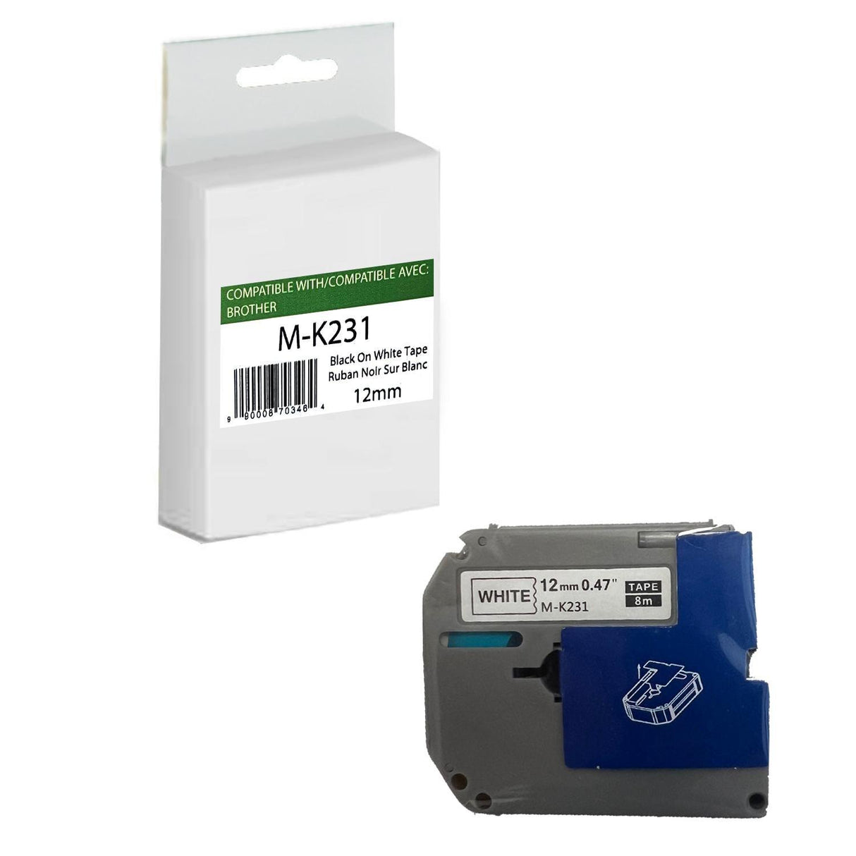 Brother MK231 Compatible Non-Laminated Label 12mm Tape - Black on White Tapes / Die-Cut Address Labels