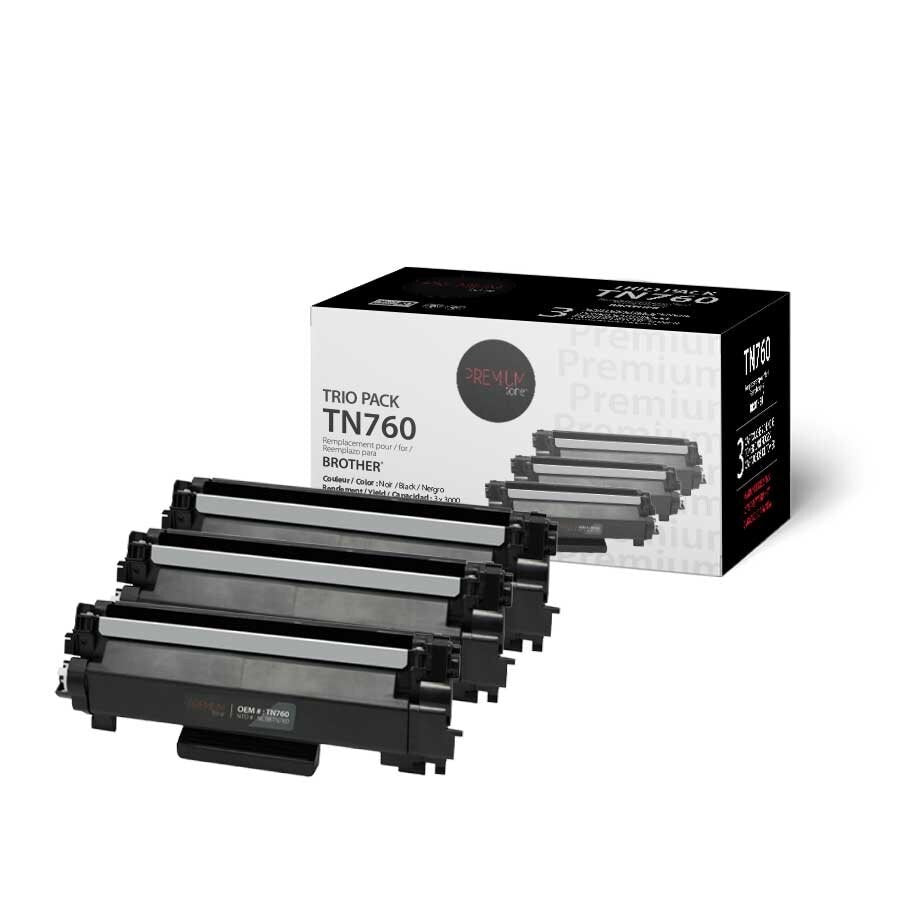 Three Brother TN760 toner cartridges with their packaging on a white background