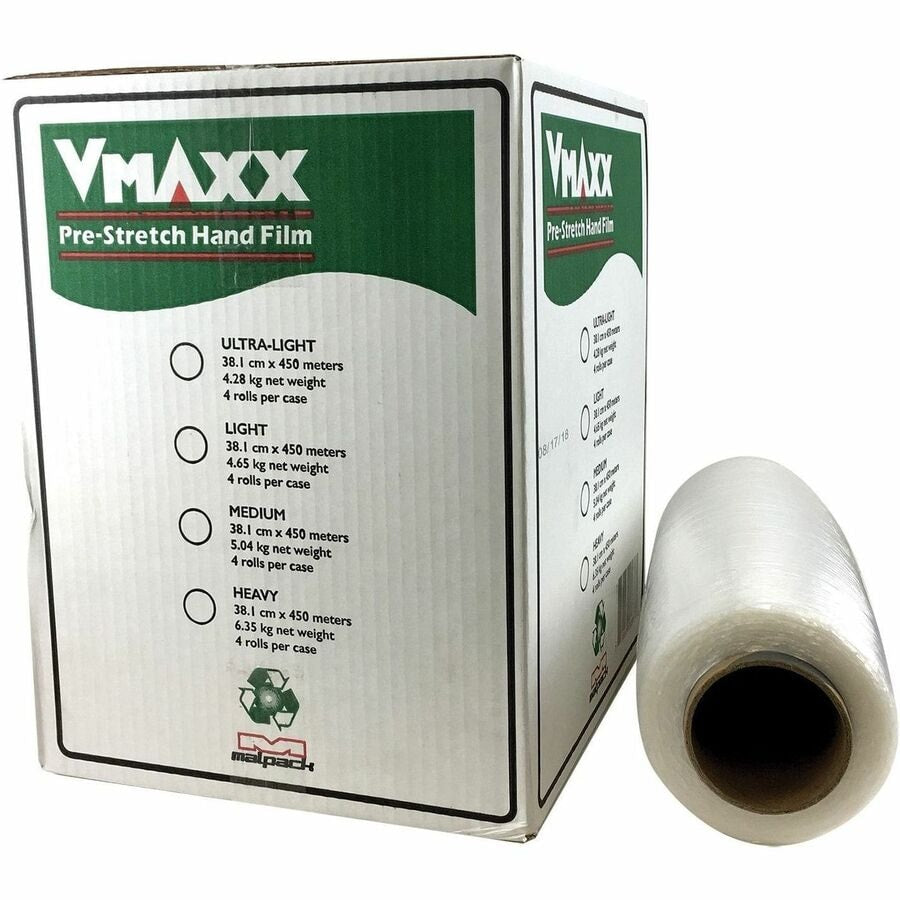 Malpack V-Maxx Pre-Stretch Hand Film, 18" x 1,476' - Puncture Resistant - Clear - 4 / Carton