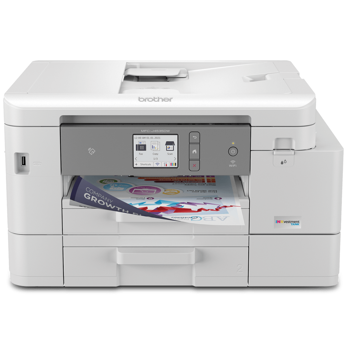 MFC-J4535DW INKvestment Tank All-in-One Multifunction Colour Inkjet Printer - Copier/Fax/Printer/Scanner - 4800 x 1200 dpi Print - Automatic Duplex Print - 400 sheets Input - Color Scanner - 2400 dpi Optical Scan - Wireless LAN - Apple AirPrint, Mopria