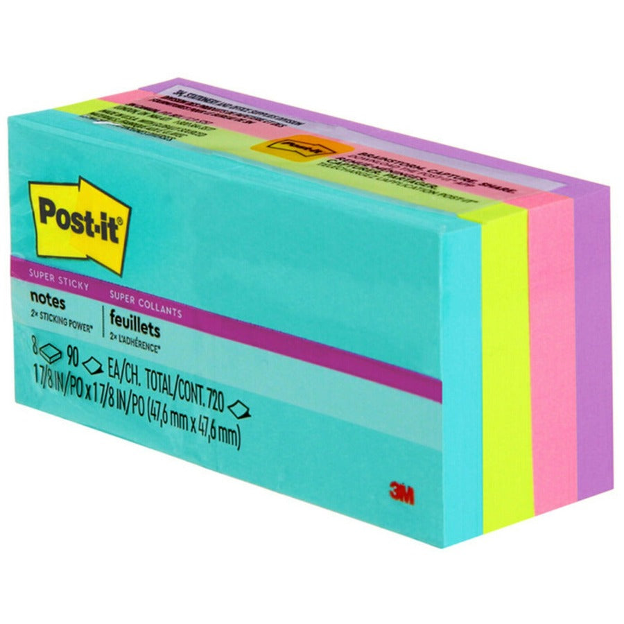 Post-it® Super Sticky Notes - Supernova Neons Color Collection - Rectangle - 90 Sheets per Pad - Aqua Splash, Acid Lime, Tropical Pink, Iris Infusion - Paper - Self-adhesive, Recyclable - 8 / Pack