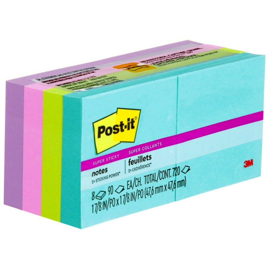 Post-it® Super Sticky Notes - Supernova Neons Color Collection - Rectangle - 90 Sheets per Pad - Aqua Splash, Acid Lime, Tropical Pink, Iris Infusion - Paper - Self-adhesive, Recyclable - 8 / Pack