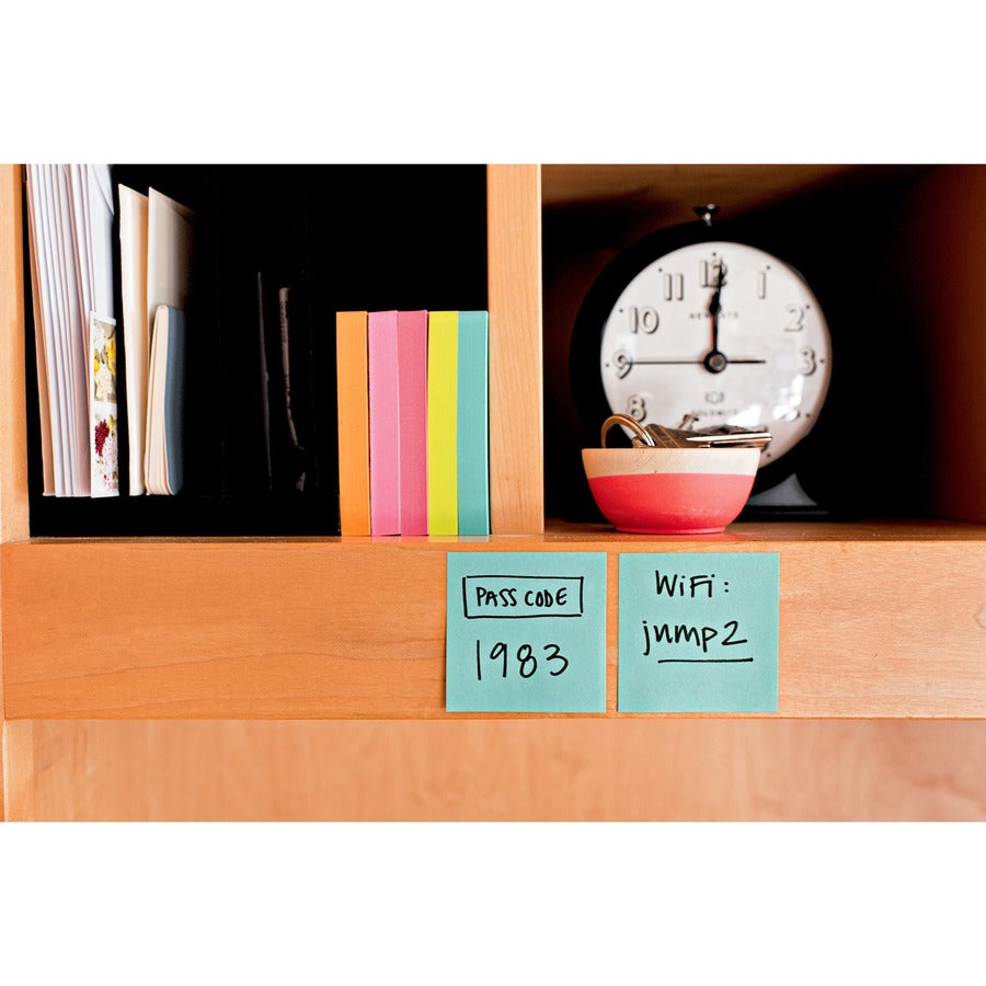 Post-it® Super Sticky Notes - Supernova Neons Color Collection - Rectangle - 90 Sheets per Pad - Aqua Splash, Acid Lime, Tropical Pink, Iris Infusion - Paper - Self-adhesive, Recyclable - 8 / Pack
