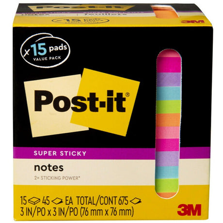 Post-it® Super Sticky Notes - 15 - 3" (76.20 mm) Flag/Note Width x 3" (76.20 mm) Flag/Note Length - Square - 45 Sheets per Pad - "Neon Orange, Tropical Pink, Power Pink, Iris, Blue Paradise, Neon Green Limeade - Adhesive, Recyclable - 15 / Pack