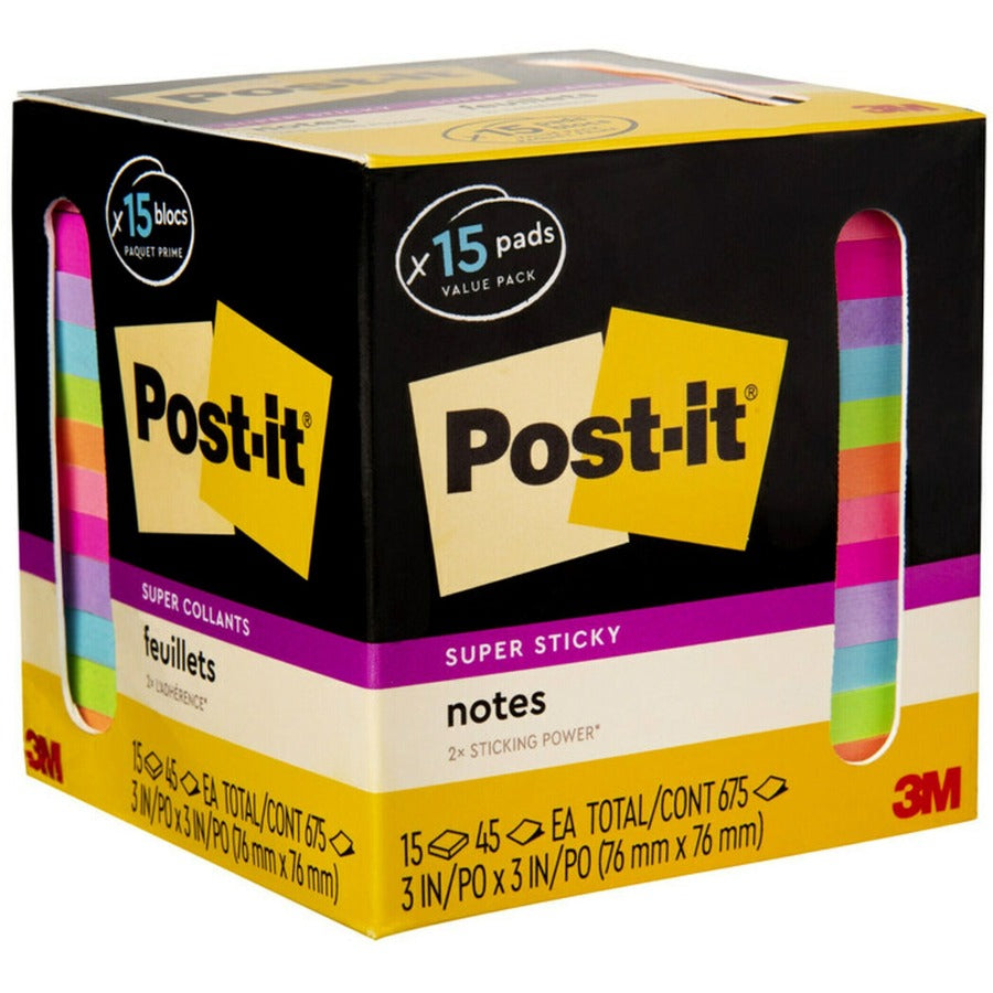 Post-it® Super Sticky Notes - 15 - 3" (76.20 mm) Flag/Note Width x 3" (76.20 mm) Flag/Note Length - Square - 45 Sheets per Pad - "Neon Orange, Tropical Pink, Power Pink, Iris, Blue Paradise, Neon Green Limeade - Adhesive, Recyclable - 15 / Pack