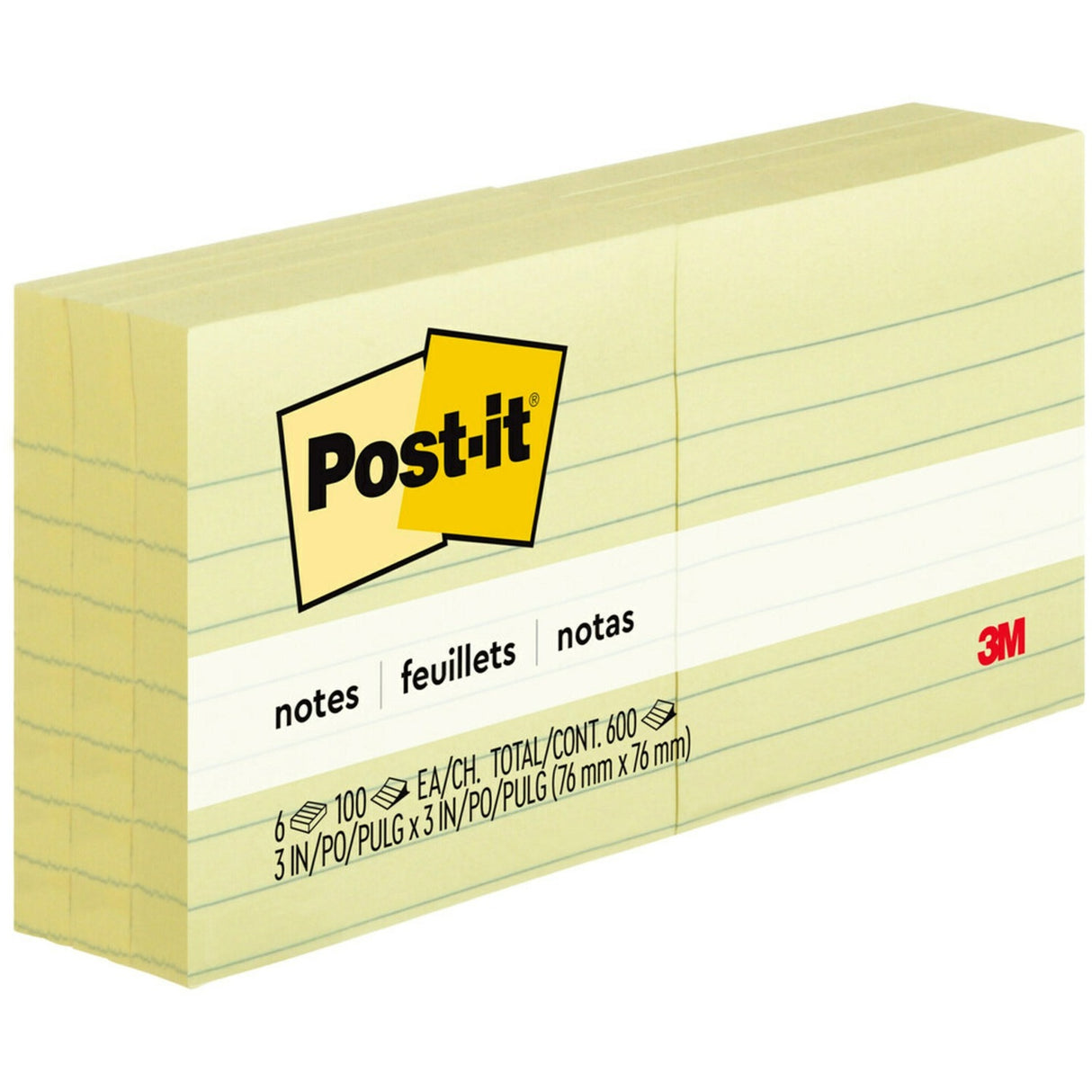 Post-it® Lined Notes - 600 x Canary Yellow - 3" (76.20 mm) Flag/Note Width x 3" (76.20 mm) Flag/Note Length - Square - 100 Sheets per Pad - Ruled - "Yellow - Paper - Self-adhesive, Repositionable, Removable - 6 / Pack