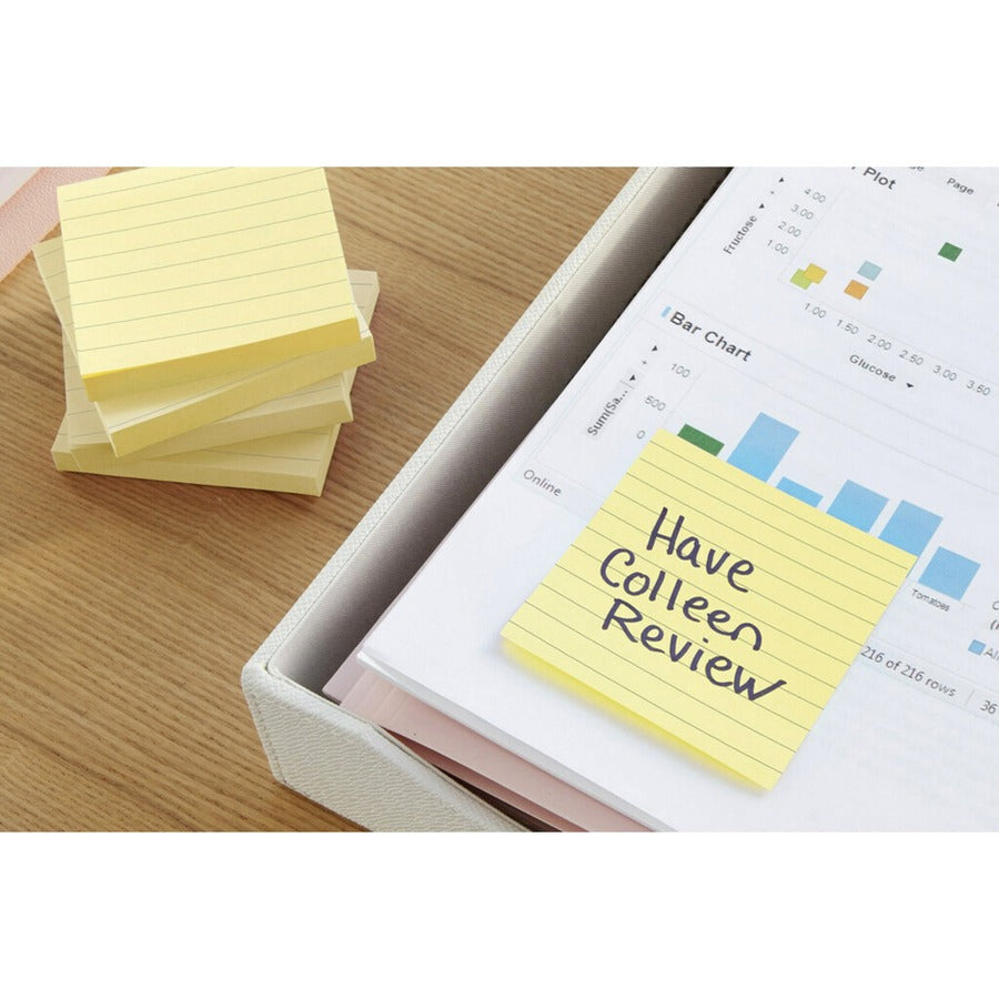 Post-it® Lined Notes - 600 x Canary Yellow - 3" (76.20 mm) Flag/Note Width x 3" (76.20 mm) Flag/Note Length - Square - 100 Sheets per Pad - Ruled - "Yellow - Paper - Self-adhesive, Repositionable, Removable - 6 / Pack