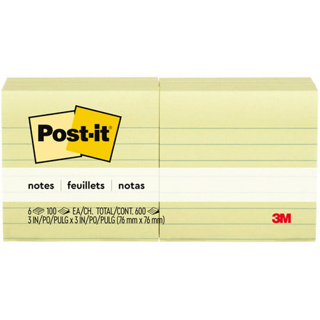 Post-it® Lined Notes - 600 x Canary Yellow - 3" (76.20 mm) Flag/Note Width x 3" (76.20 mm) Flag/Note Length - Square - 100 Sheets per Pad - Ruled - "Yellow - Paper - Self-adhesive, Repositionable, Removable - 6 / Pack