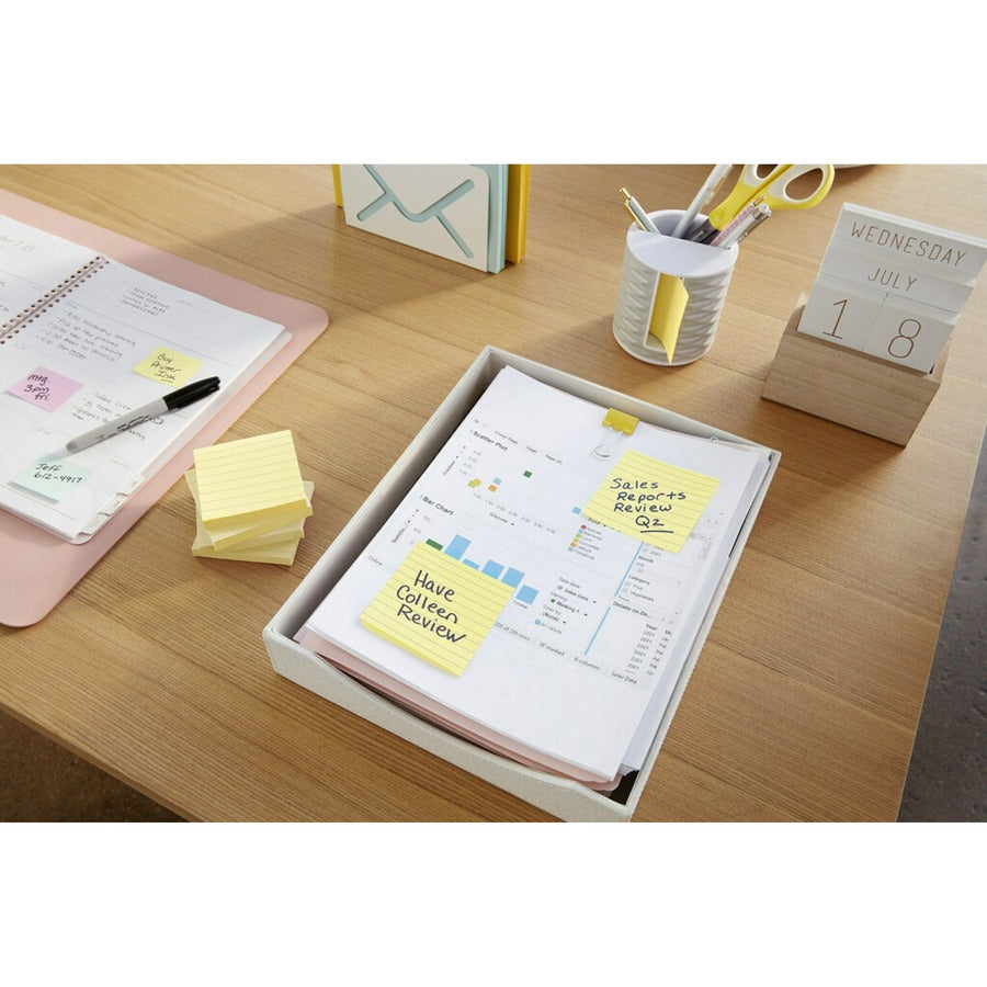 Post-it® Lined Notes - 600 x Canary Yellow - 3" (76.20 mm) Flag/Note Width x 3" (76.20 mm) Flag/Note Length - Square - 100 Sheets per Pad - Ruled - "Yellow - Paper - Self-adhesive, Repositionable, Removable - 6 / Pack