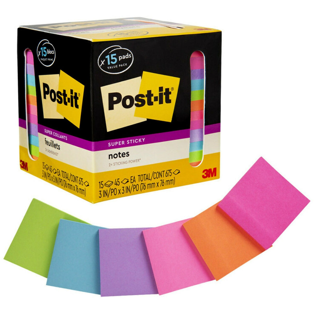 Post-it® Super Sticky Notes - 15 - 3" (76.20 mm) Flag/Note Width x 3" (76.20 mm) Flag/Note Length - Square - 45 Sheets per Pad - "Neon Orange, Tropical Pink, Power Pink, Iris, Blue Paradise, Neon Green Limeade - Adhesive, Recyclable - 15 / Pack
